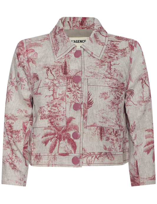 L'AGENCE Eden Cropped Linen Jacket in Tan Multi Textured Jungle Toile