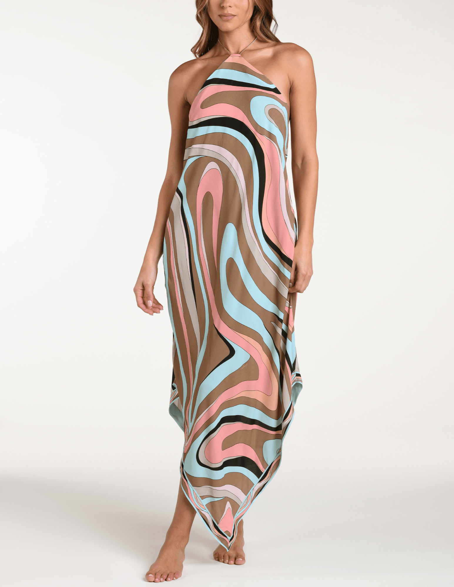L’Agence Elise halter midi dress in tan blue abstract swirl front view