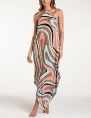 L’Agence Elise halter midi dress in tan blue abstract swirl front view