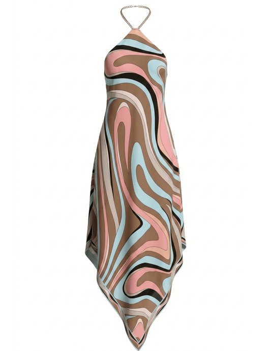 L’Agence Elise halter midi dress in tan blue abstract swirl 