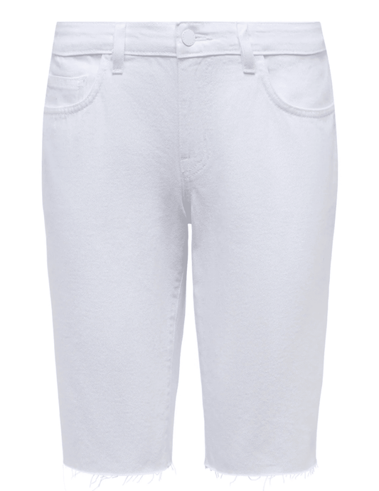 L'AGENCE Elise low rise Bermuda shorts in Blanc, crisp white women’s denim shorts with a tailored fit and knee-length cut front view