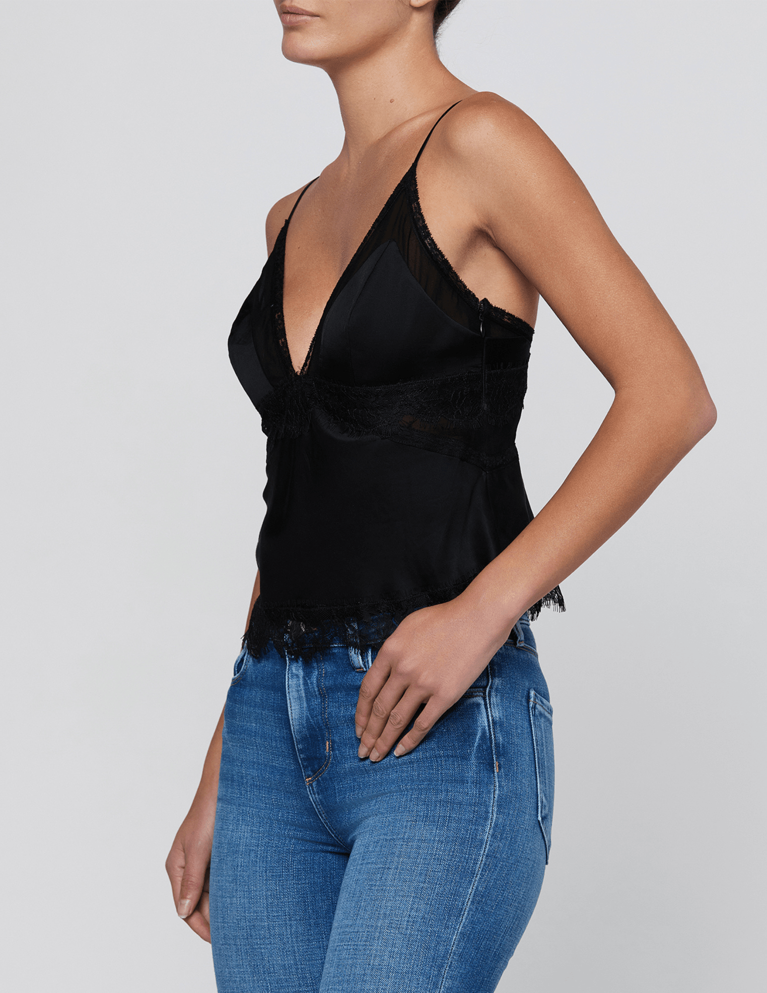 Side view of L'AGENCE Elka Mesh Lace Cami in Black