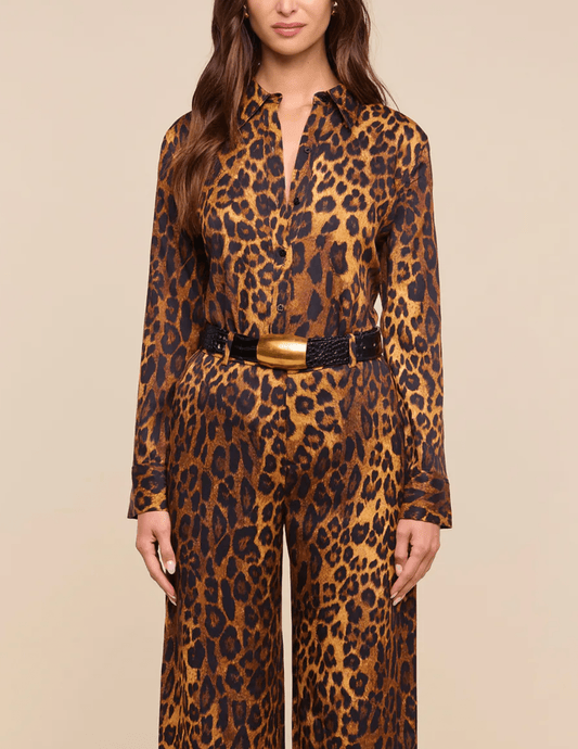 Ftront view of L’AGENCE Ellery Leopard Button Blouse