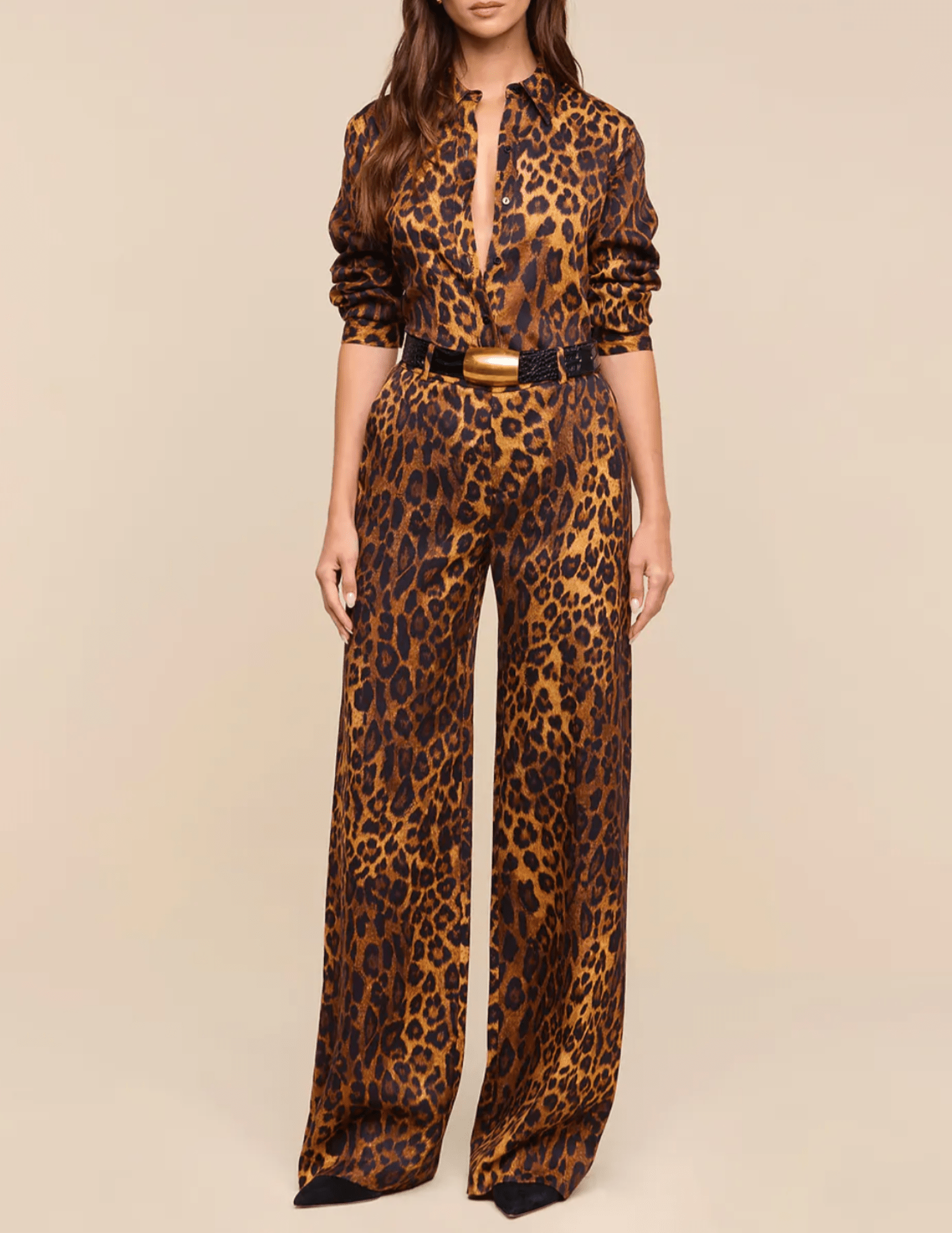 Full body view of L’AGENCE Ellery Leopard Button Blouse