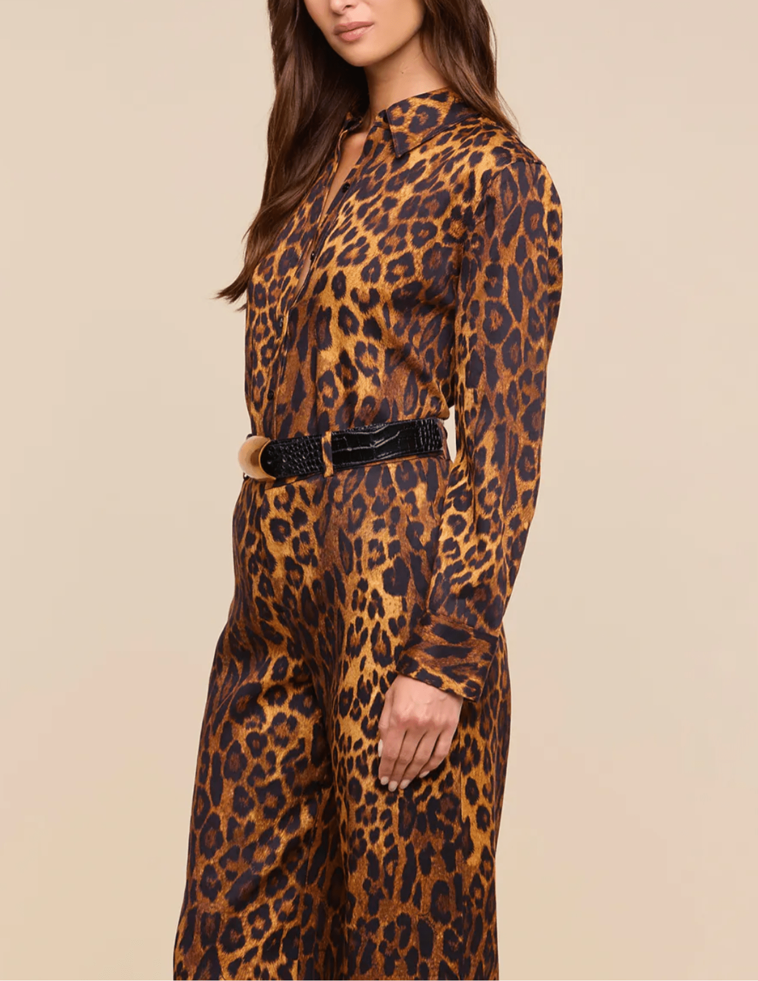 Side view of L’AGENCE Ellery Leopard Button Blouse