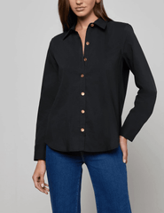 Front view of L’AGENCE Ellery Long Sleeve Button Blouse in Black Gold.