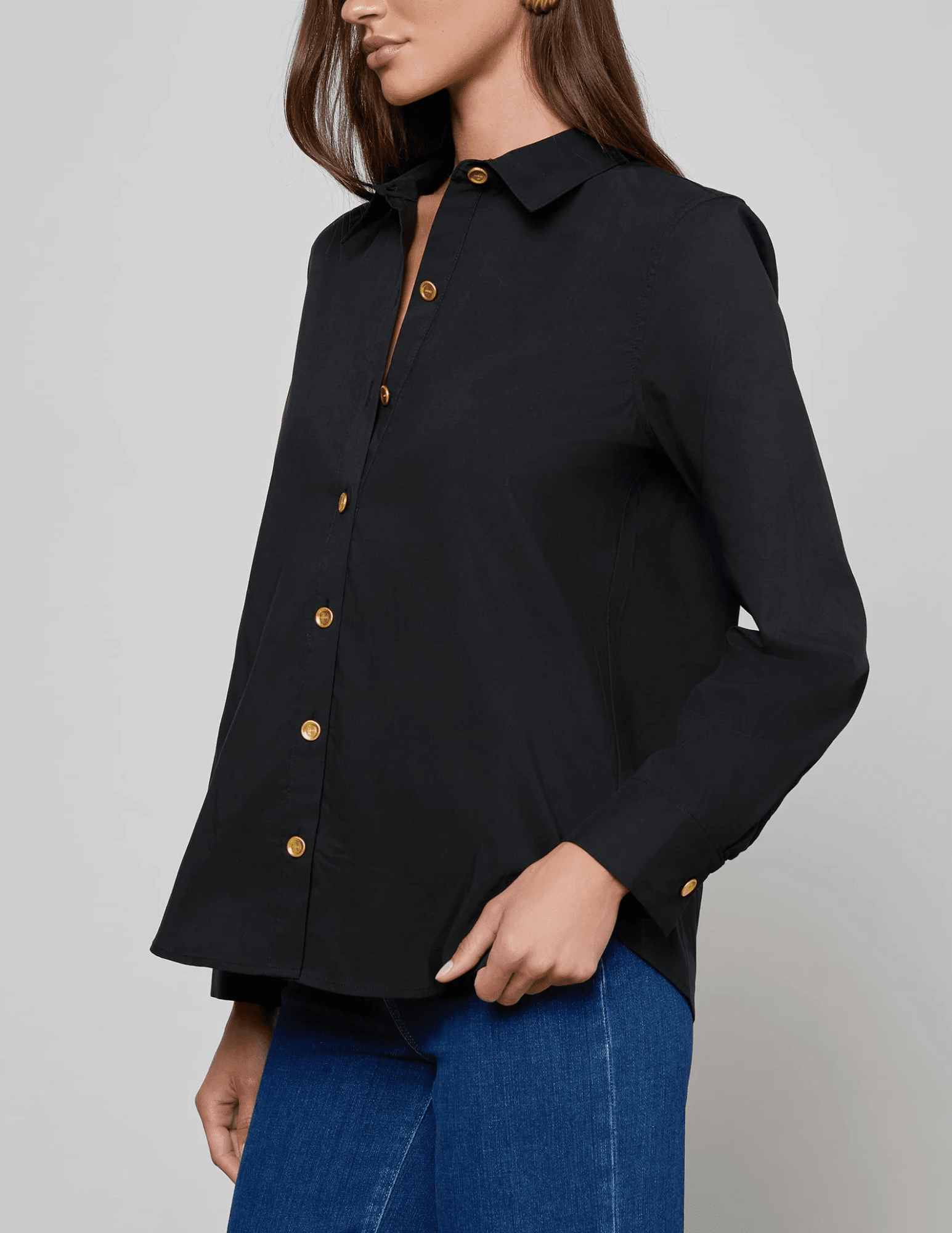 Side view of Ellery Long Sleeve Button Blouse with pleated yoke.