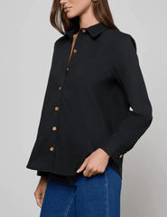 Side view of Ellery Long Sleeve Button Blouse with pleated yoke.