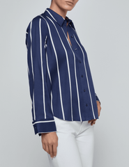 Side view of L’AGENCE Ellery blouse in midnight with white stripes