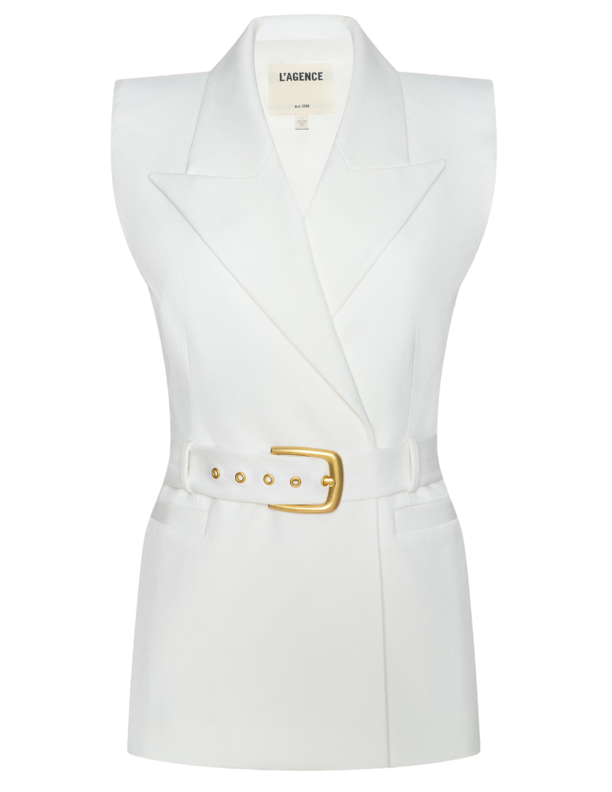 L'AGENCE Emerly white blazer vest with structured shoulders and gold-tone belt
