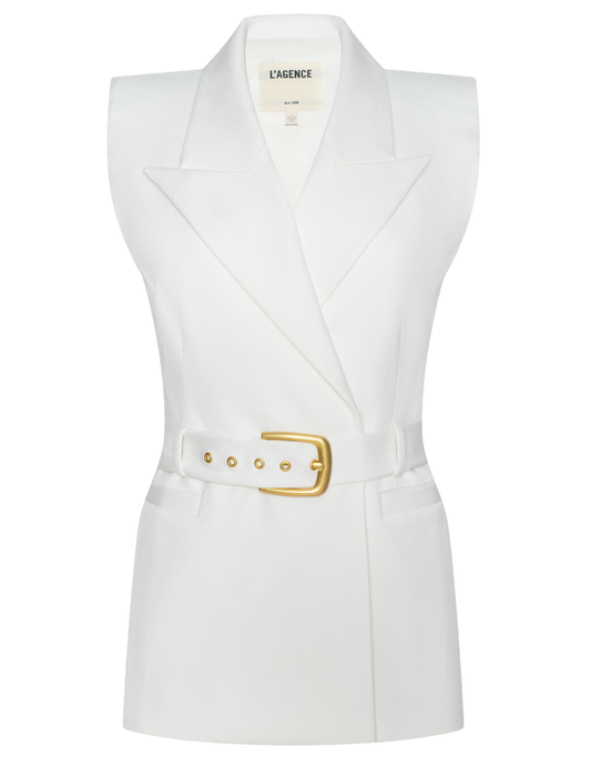 L'AGENCE Emerly white blazer vest with structured shoulders and gold-tone belt