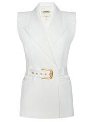L'AGENCE Emerly white blazer vest with structured shoulders and gold-tone belt