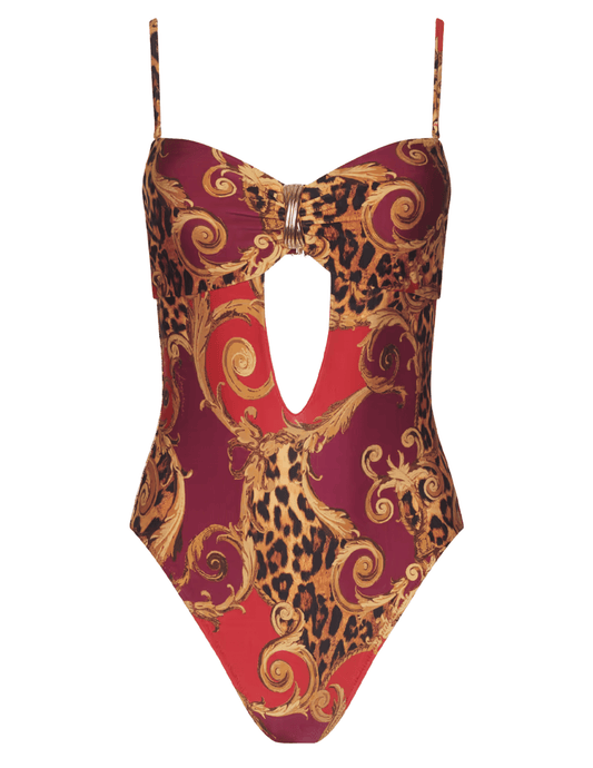 L'AGENCE Emilia Bandeau One Piece Swimsuit in Rouge Gold Baroque Leopard with front cutout and gold hardware.