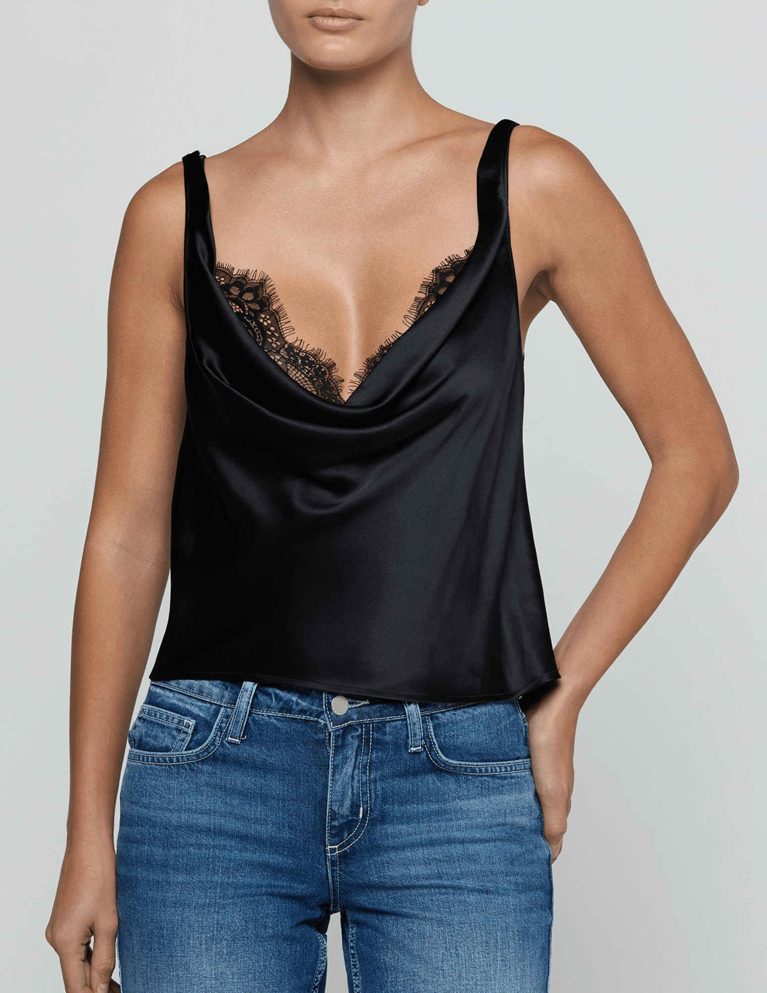 Front view of L'AGENCE Evadne Cowl Neck Silk Tank in Black