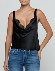 Front view of L'AGENCE Evadne Cowl Neck Silk Tank in Black