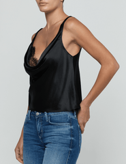 Side view of L'AGENCE Evadne Cowl Neck Silk Tank in Black