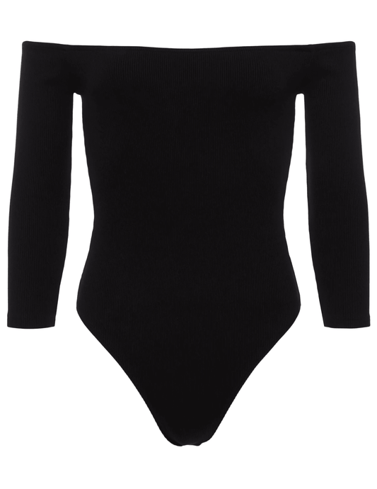 L’AGENCE Evelyn Off Shoulder Bodysuit in black, front view on white background