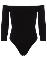 L’AGENCE Evelyn Off Shoulder Bodysuit in black, front view on white background
