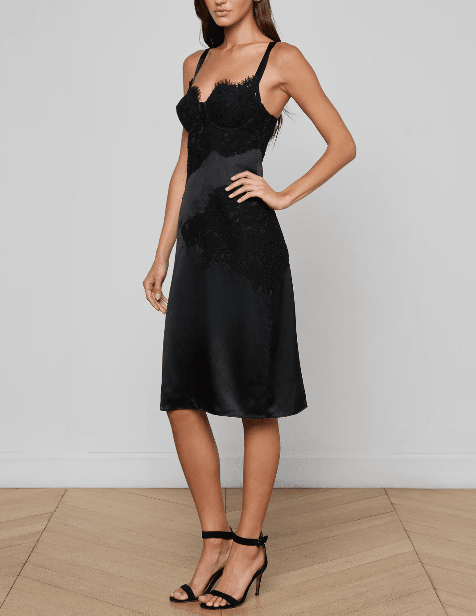 Side view of L’AGENCE Fenna Silk Lace Appliqué Slip Dress