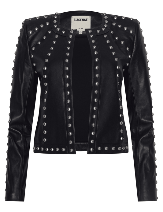 L’AGENCE Fia Studded Collarless Leather Jacket in black.”