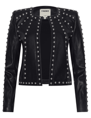 L’AGENCE Fia Studded Collarless Leather Jacket in black.”