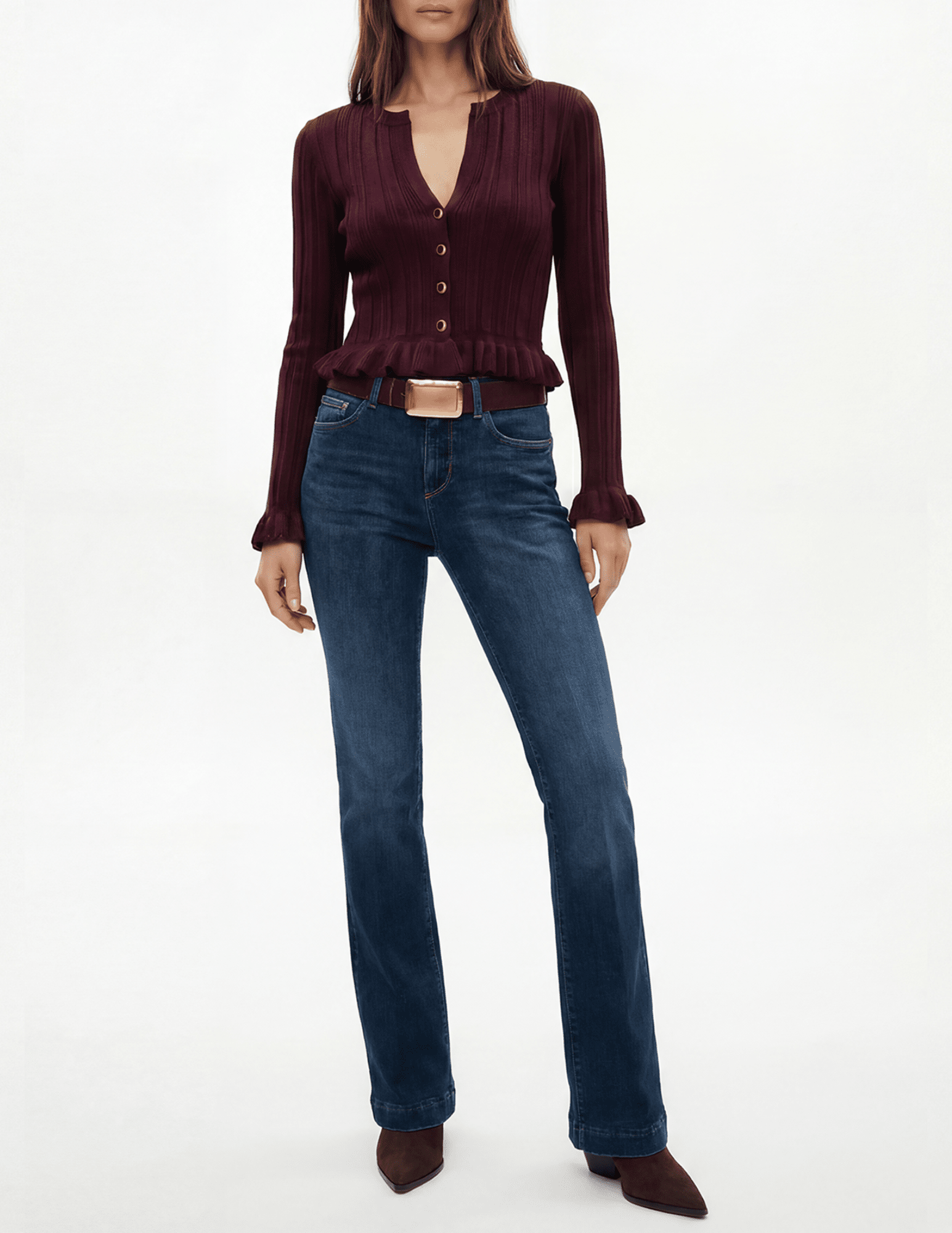 L’AGENCE Finian Cropped Ruffle Cardigan in Dark Syrah front view