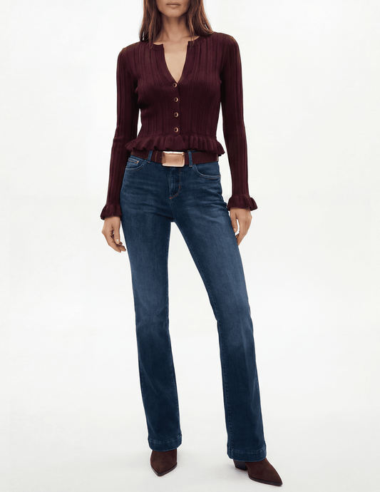 L’AGENCE Finian Cropped Ruffle Cardigan in Dark Syrah front view