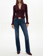 L’AGENCE Finian Cropped Ruffle Cardigan in Dark Syrah front view