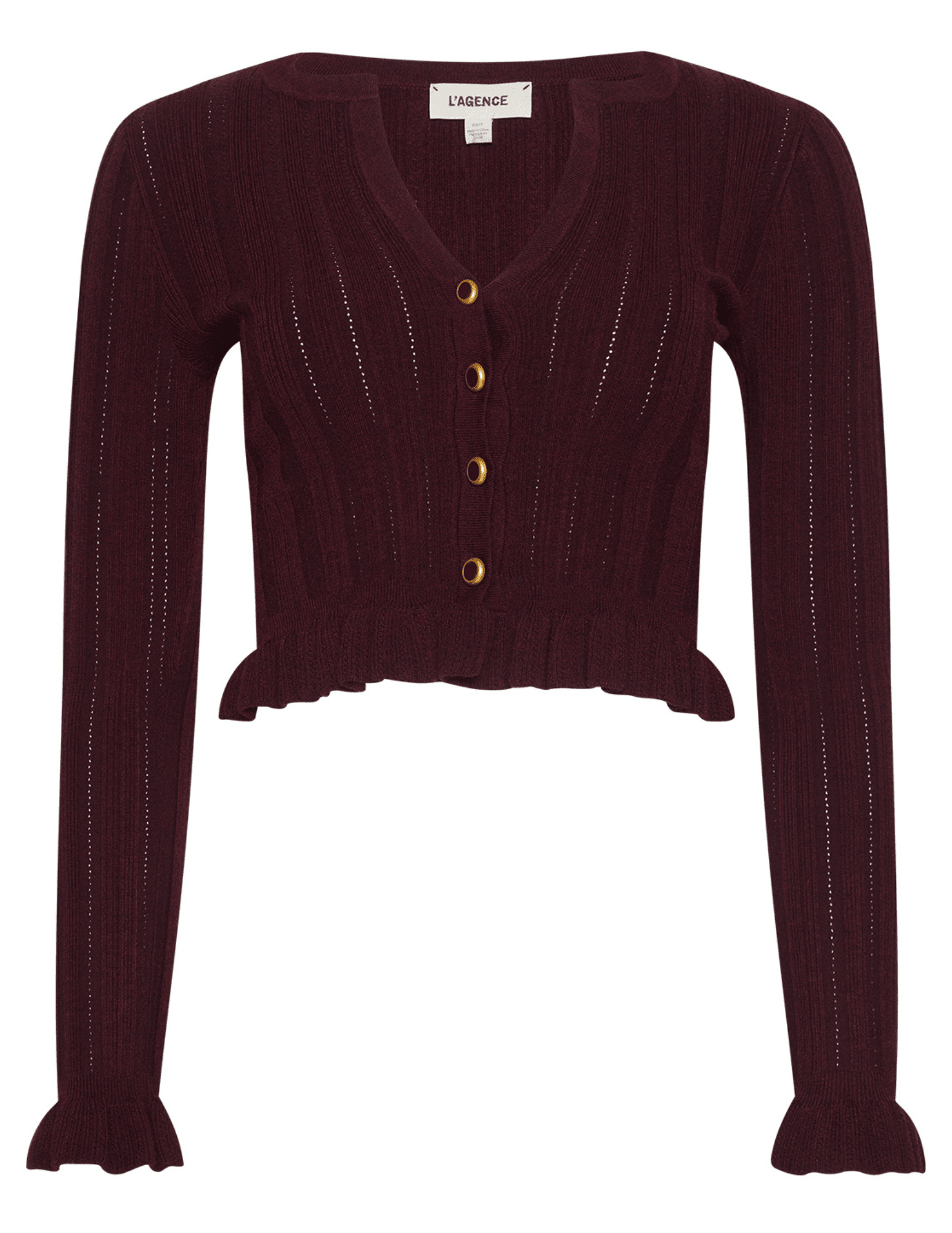 L’AGENCE Finian Cropped Ruffle Cardigan in Dark Syrah