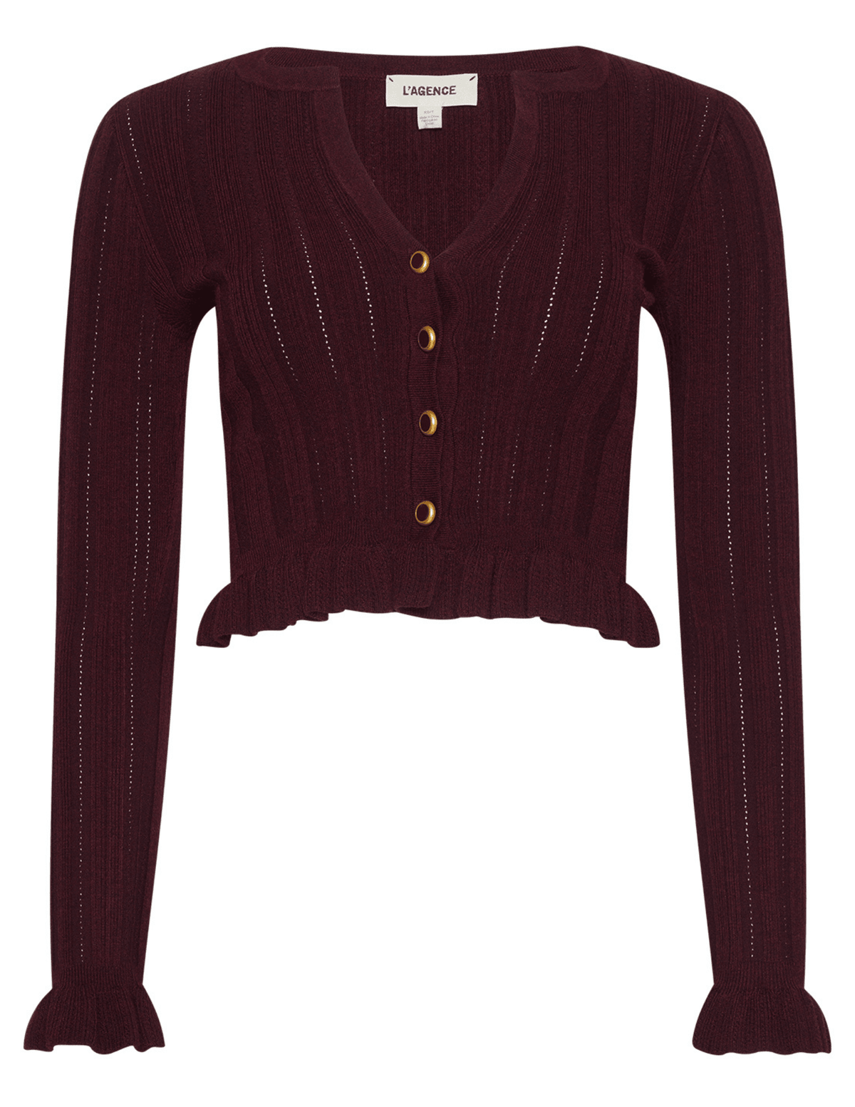 L’AGENCE Finian Cropped Ruffle Cardigan in Dark Syrah