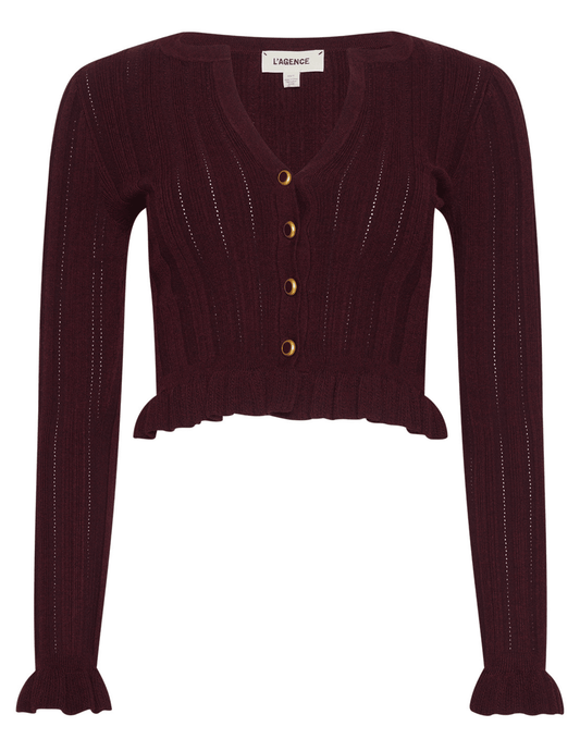 L’AGENCE Finian Cropped Ruffle Cardigan in Dark Syrah