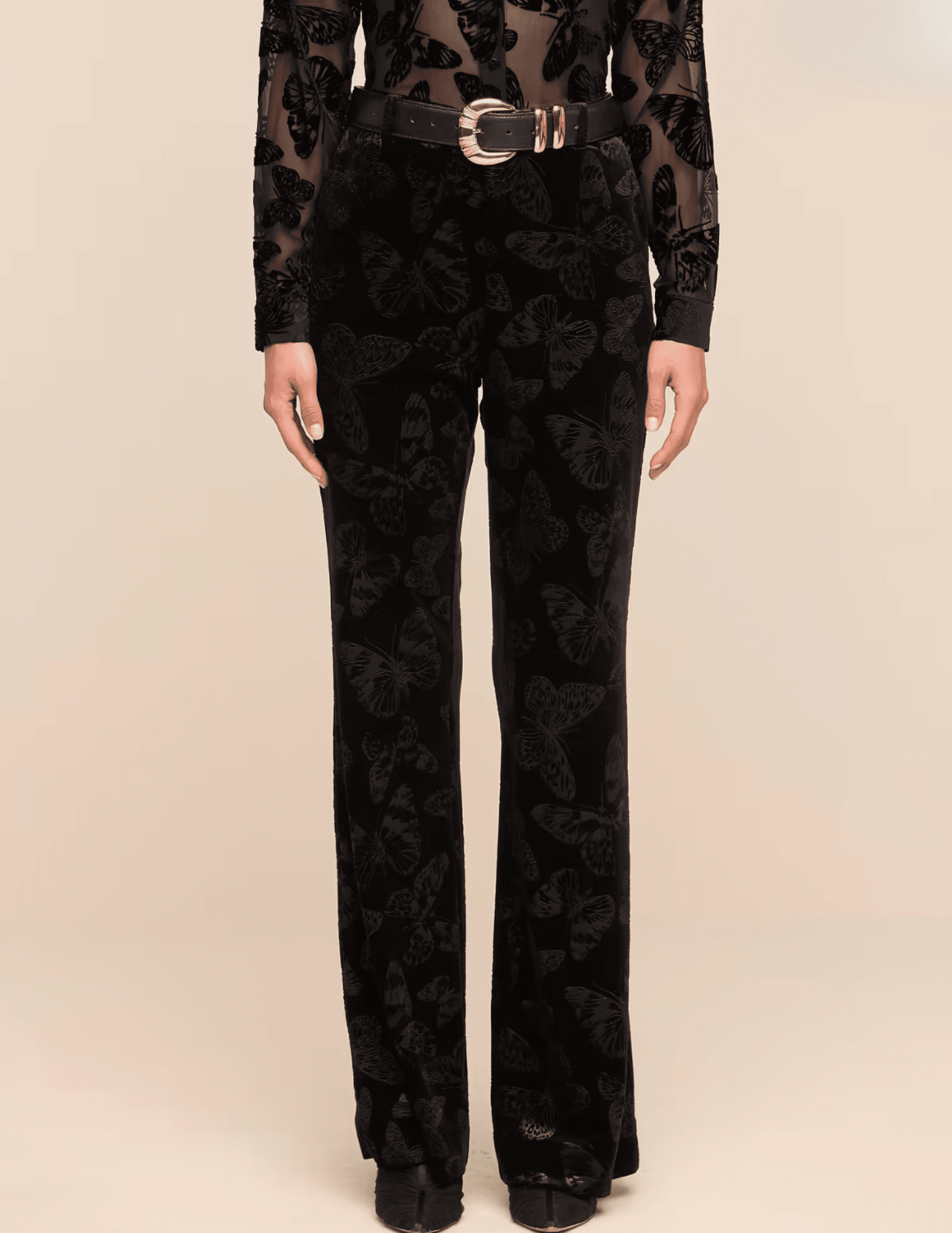 Front view of L’AGENCE Frances Velvet Bootcut Trouser in Black Butterfly