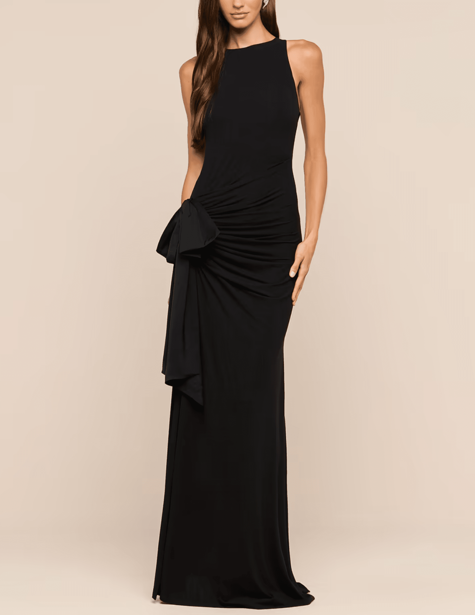 Front view of L'AGENCE Frost Bow Gown in Black