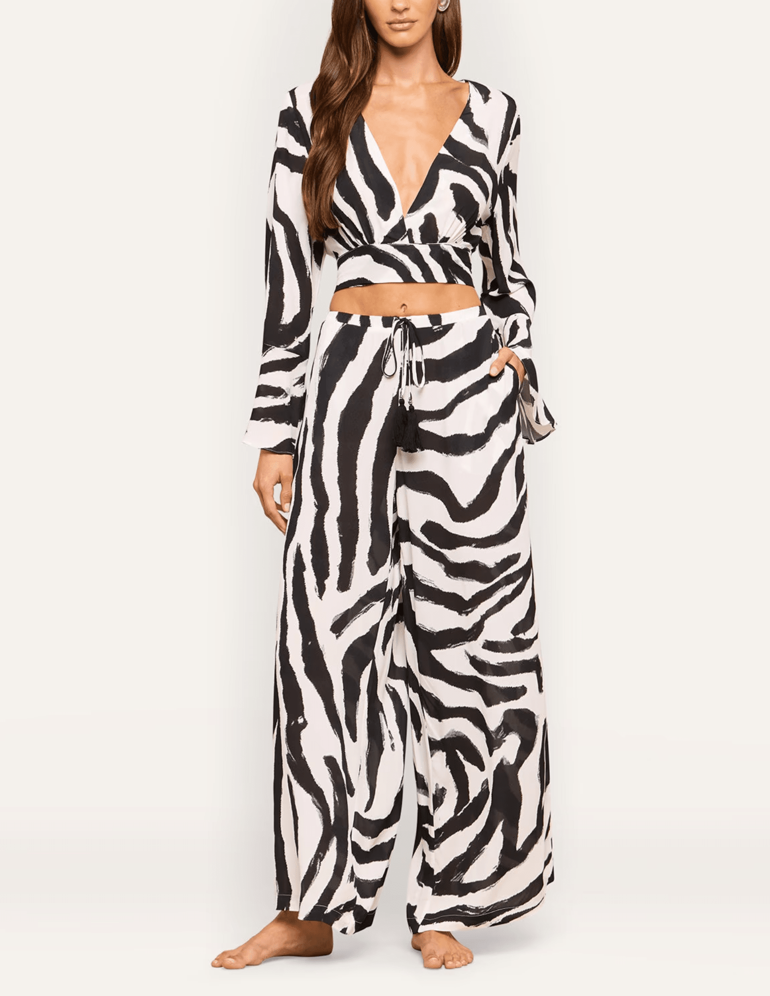 L'AGENCE Geraldine Cover-Up Pants styled with matching Ambala zebra print wrap top.