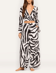 L'AGENCE Geraldine Cover-Up Pants styled with matching Ambala zebra print wrap top.