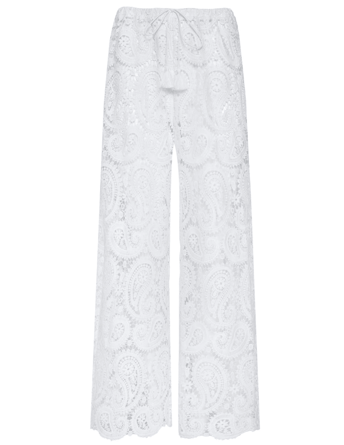 Model wearing L’AGENCE Geraldine white crochet cover-up pants
