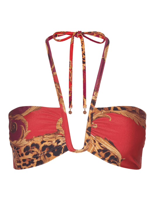 L'AGENCE Getty Bandeau Bikini Top in Rouge Gold Baroque Leopard featuring a plunging U-wire neckline and gold accents.