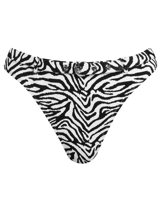 L'AGENCE Gianna Brazilian Belted Bikini Bottom in Black White Zebra with matching printed belt.