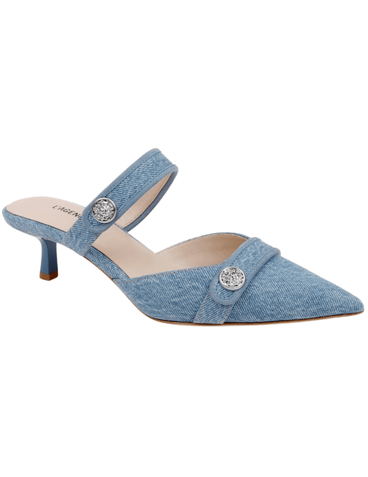 Angled view of L’AGENCE denim mule heel