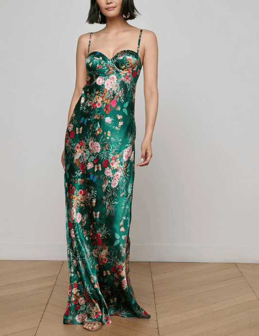 Front view of L’AGENCE Sayla Silk Maxi Dress in green butterfly silk