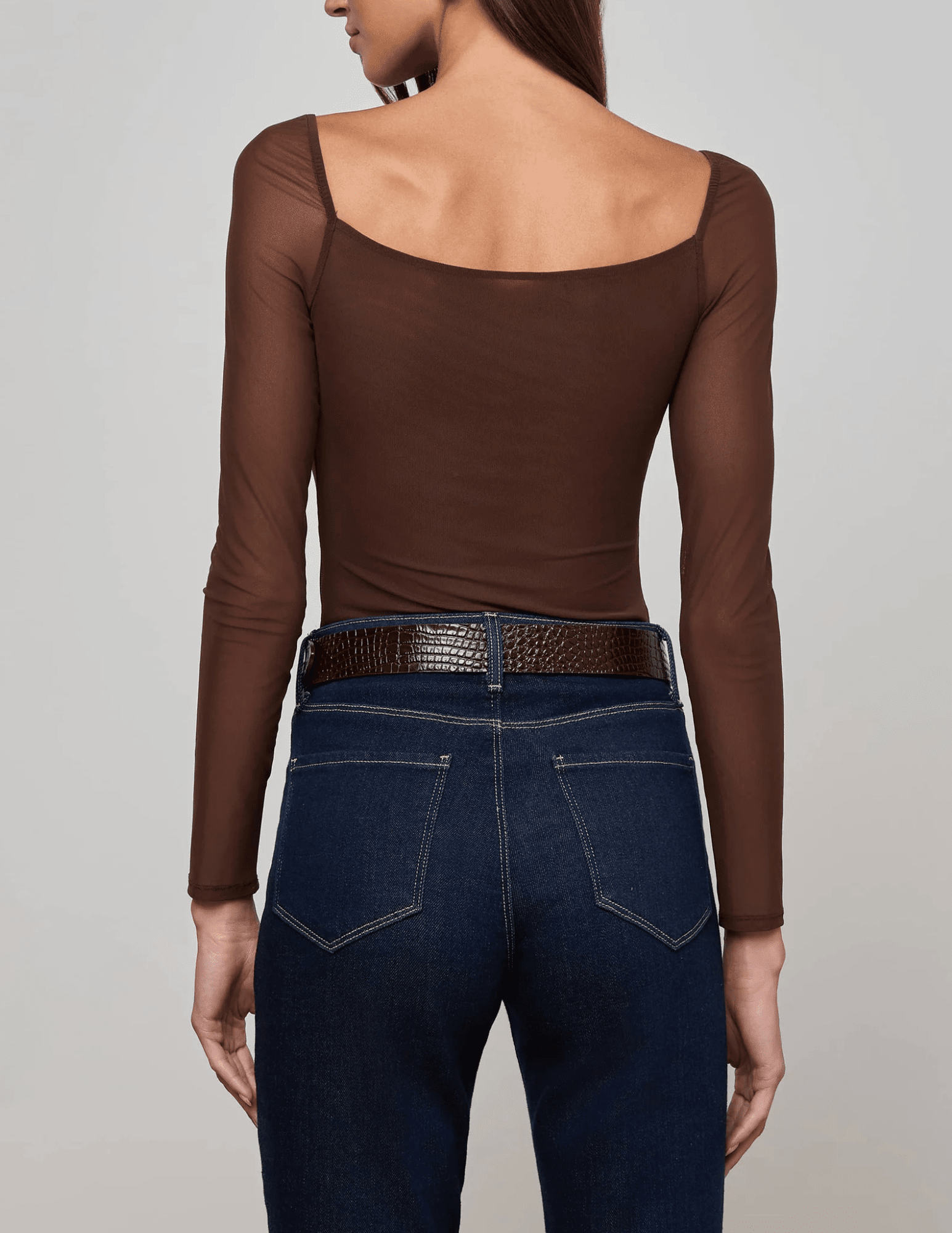 "L’AGENCE women’s bodysuit in chocolate mesh with long sleeves