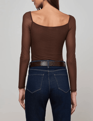 "L’AGENCE women’s bodysuit in chocolate mesh with long sleeves