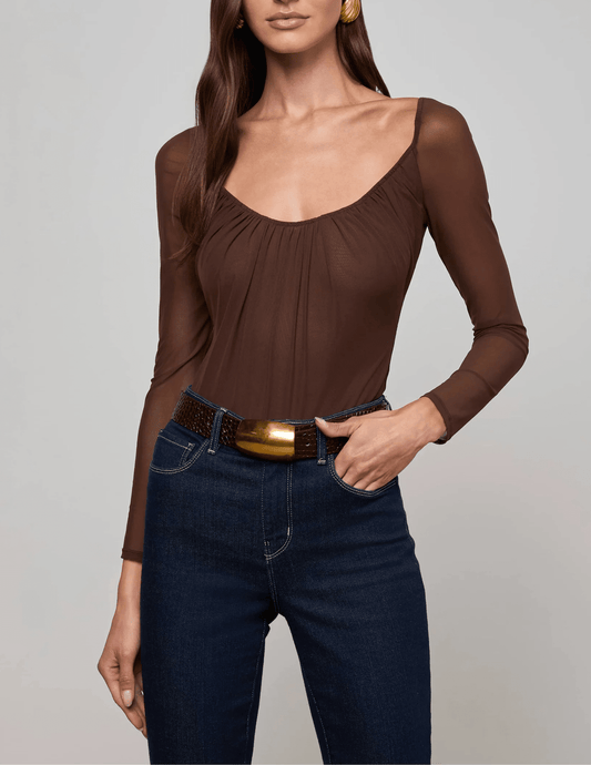 L’AGENCE Gwendolyn Mesh Long Sleeve Bodysuit in Chocolate – front view