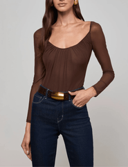 L’AGENCE Gwendolyn Mesh Long Sleeve Bodysuit in Chocolate – front view