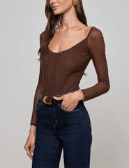 Luxury layering mesh bodysuit – scoop neck in chocolate brown