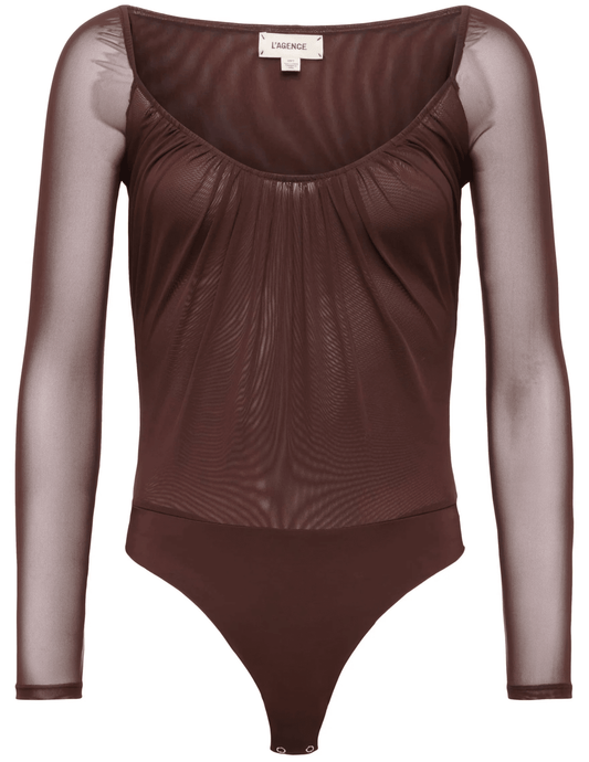 L’AGENCE Gwendolyn Mesh Long Sleeve Bodysuit in Chocolate