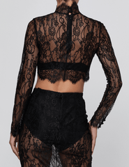 Back view of L'AGENCE Henriette Lace Cropped Long Sleeve Top Black