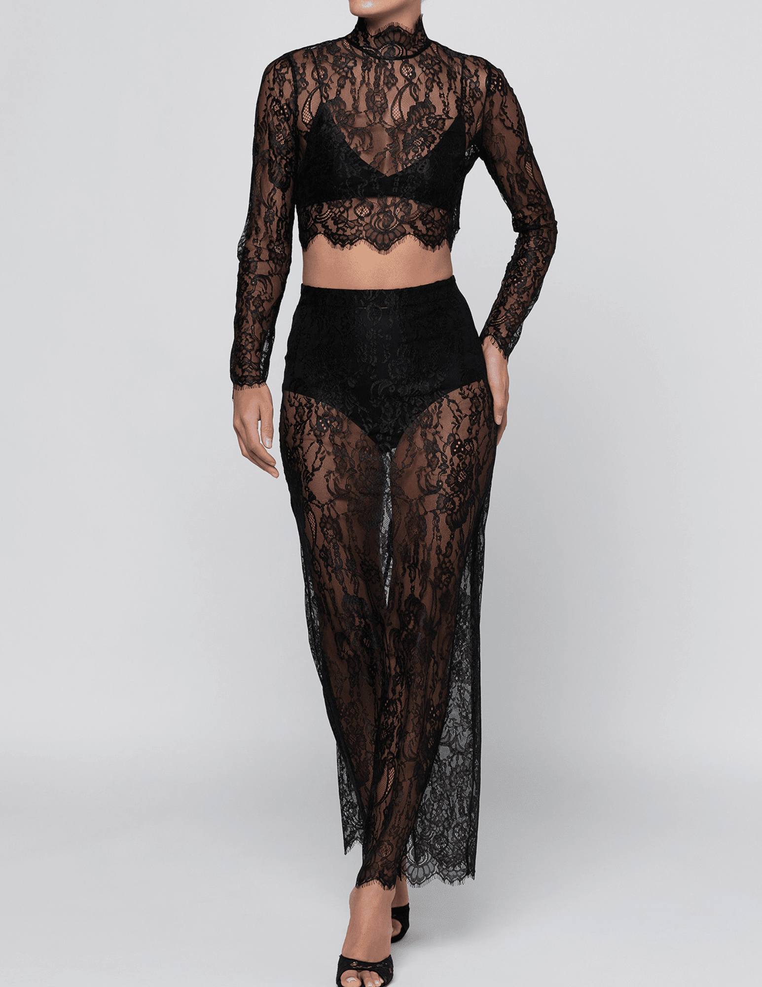 L'AGENCE Henriette Lace Cropped Long Sleeve Top Black with Raymonde skirt