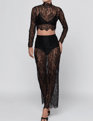 L'AGENCE Henriette Lace Cropped Long Sleeve Top Black with Raymonde skirt