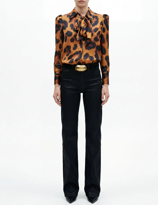 L'AGENCE Honey Tie Neck Blouse in Soft Cognac Black with oversized leopard print and long neck ties on model
